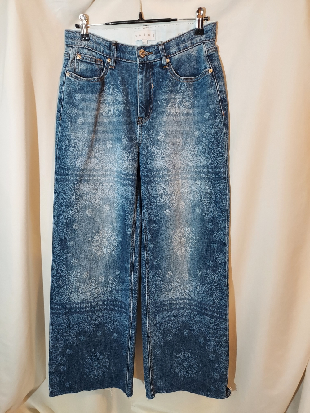 Saige Denim Mid Rise Straight Jeans Bandana Laser Print Wide Leg Blue Raw Hem 27
